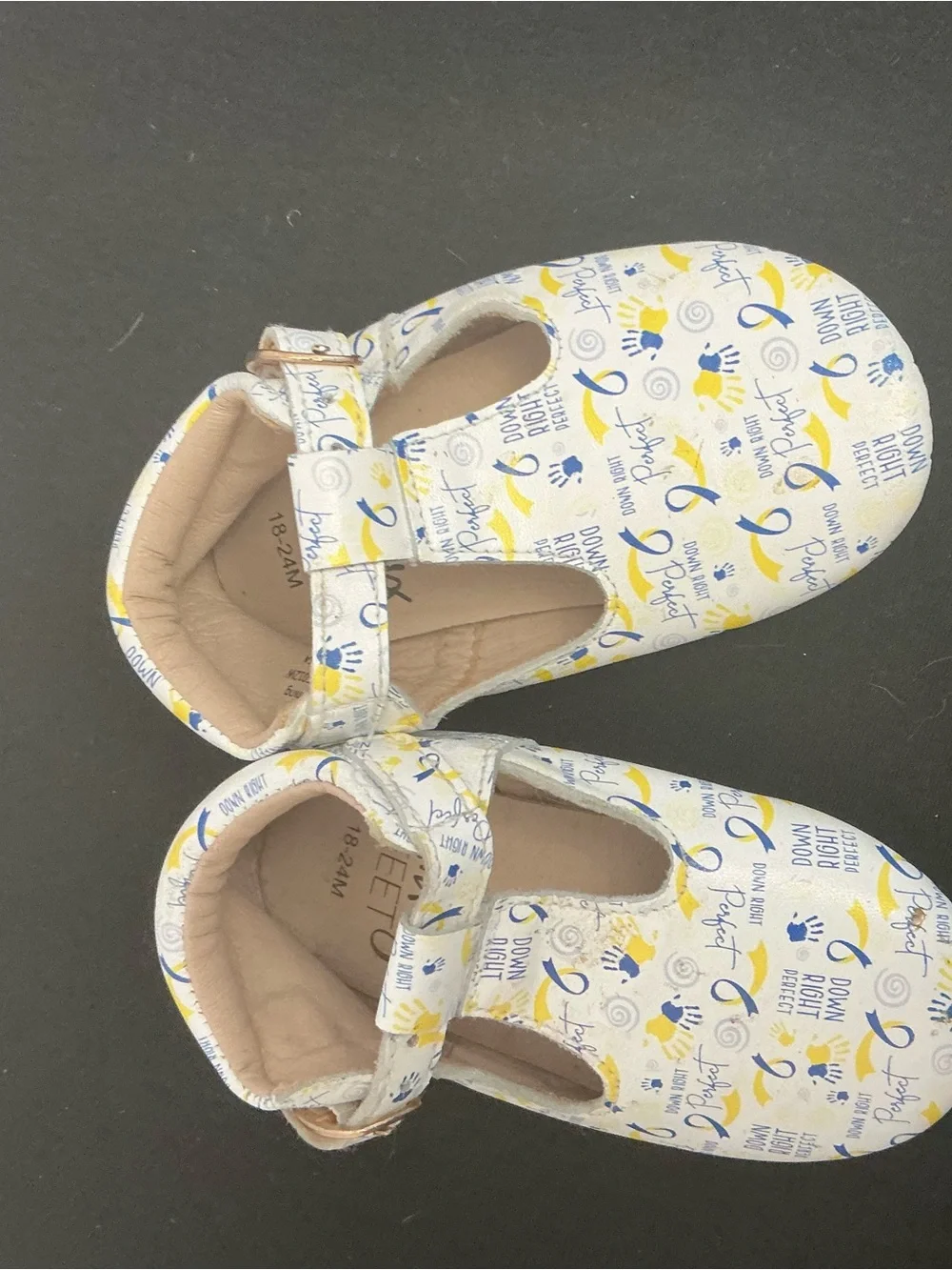 Monkey Feet White Mary Jane Shoes with Yellow & Blue Down syndrome print